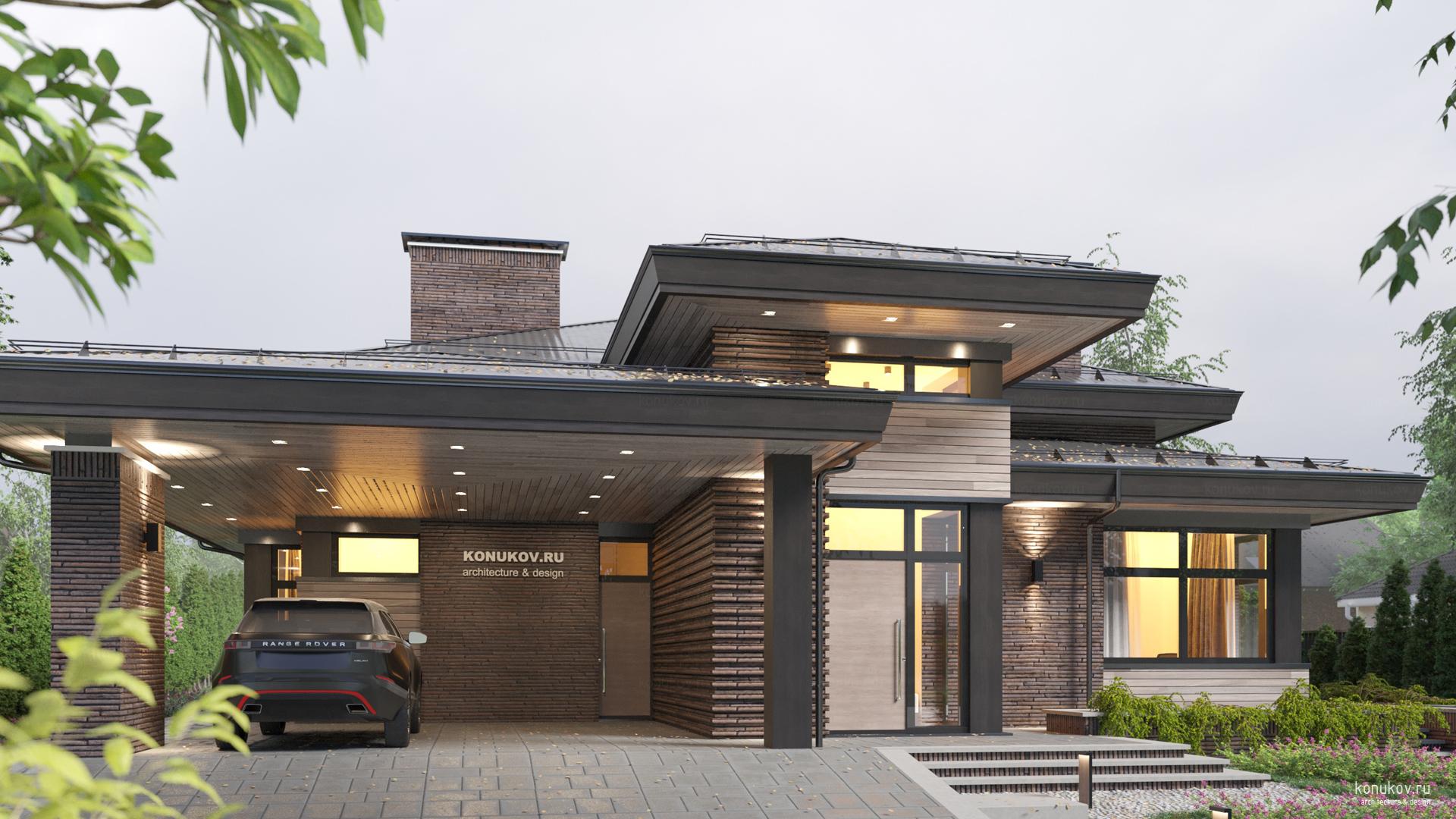 Дом с высокой кровлей над террасой