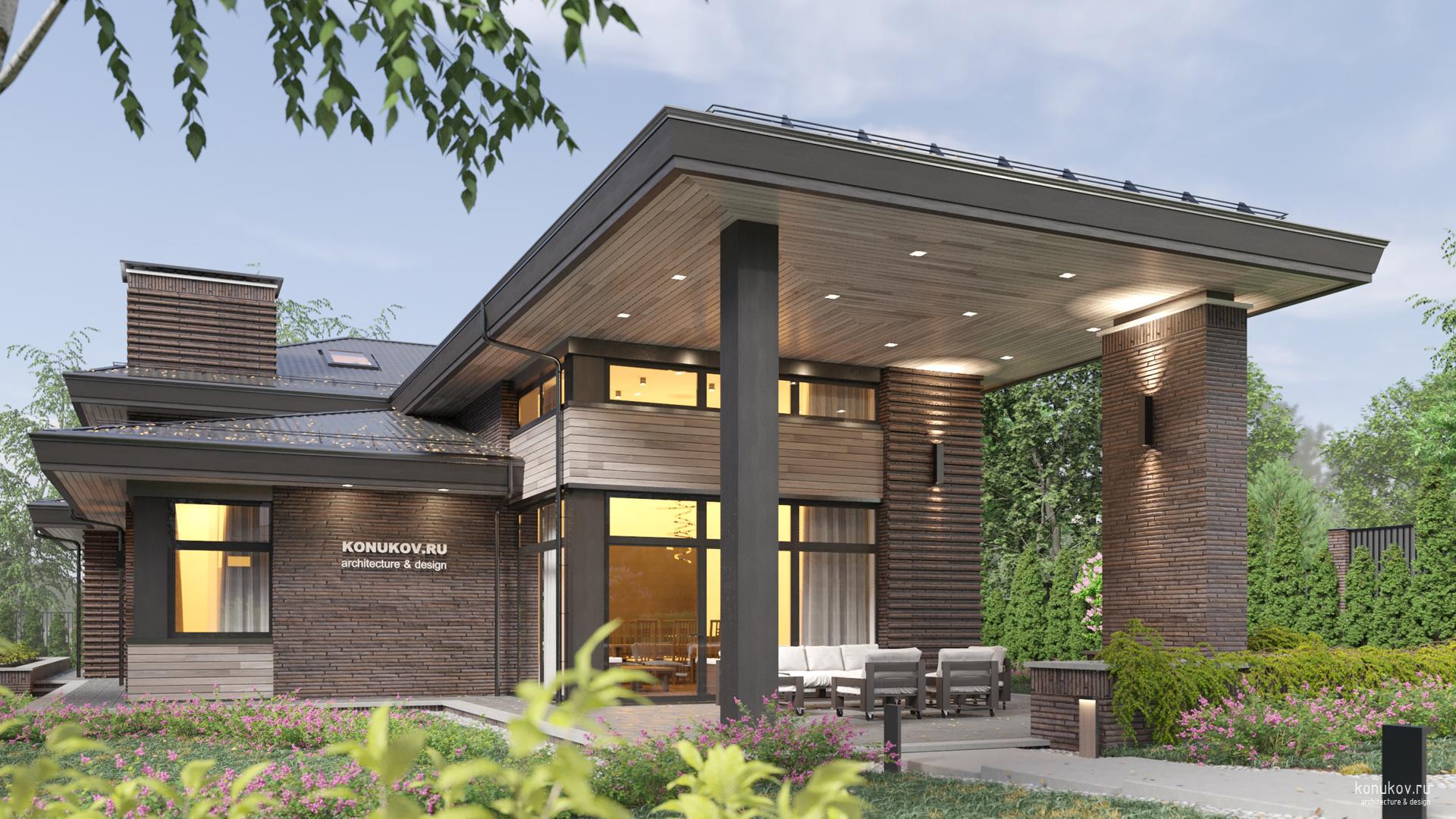 Дом с высокой кровлей над террасой