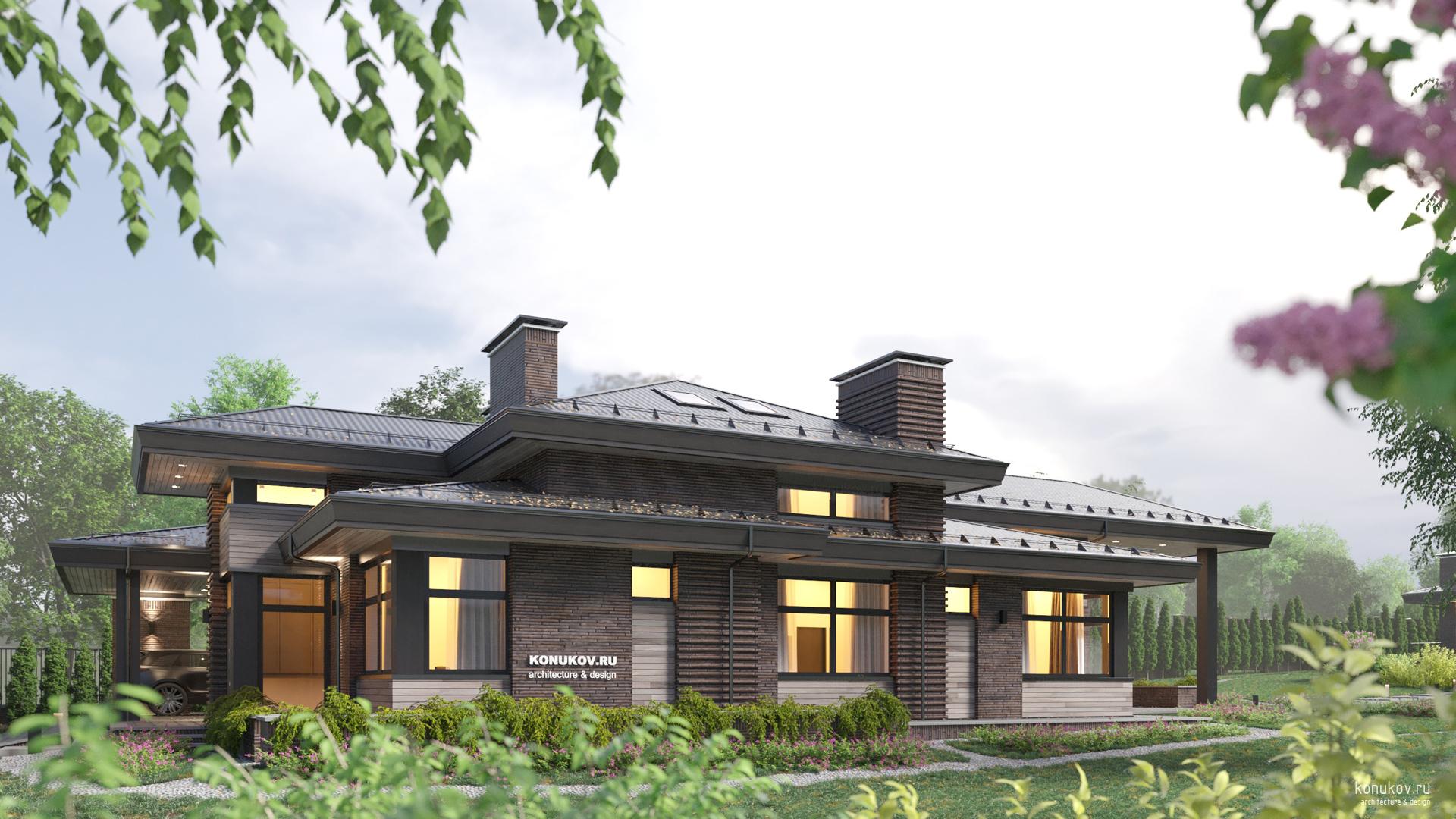 Дом с высокой кровлей над террасой