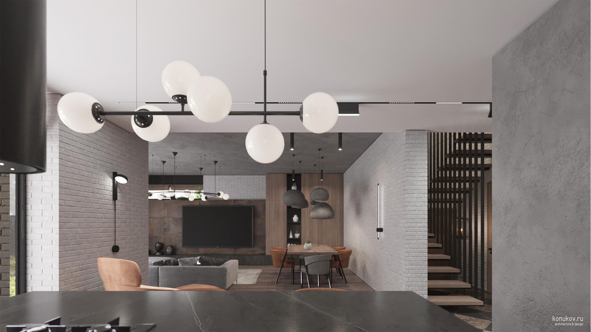 Гостиная и лестница. Вид из кухни