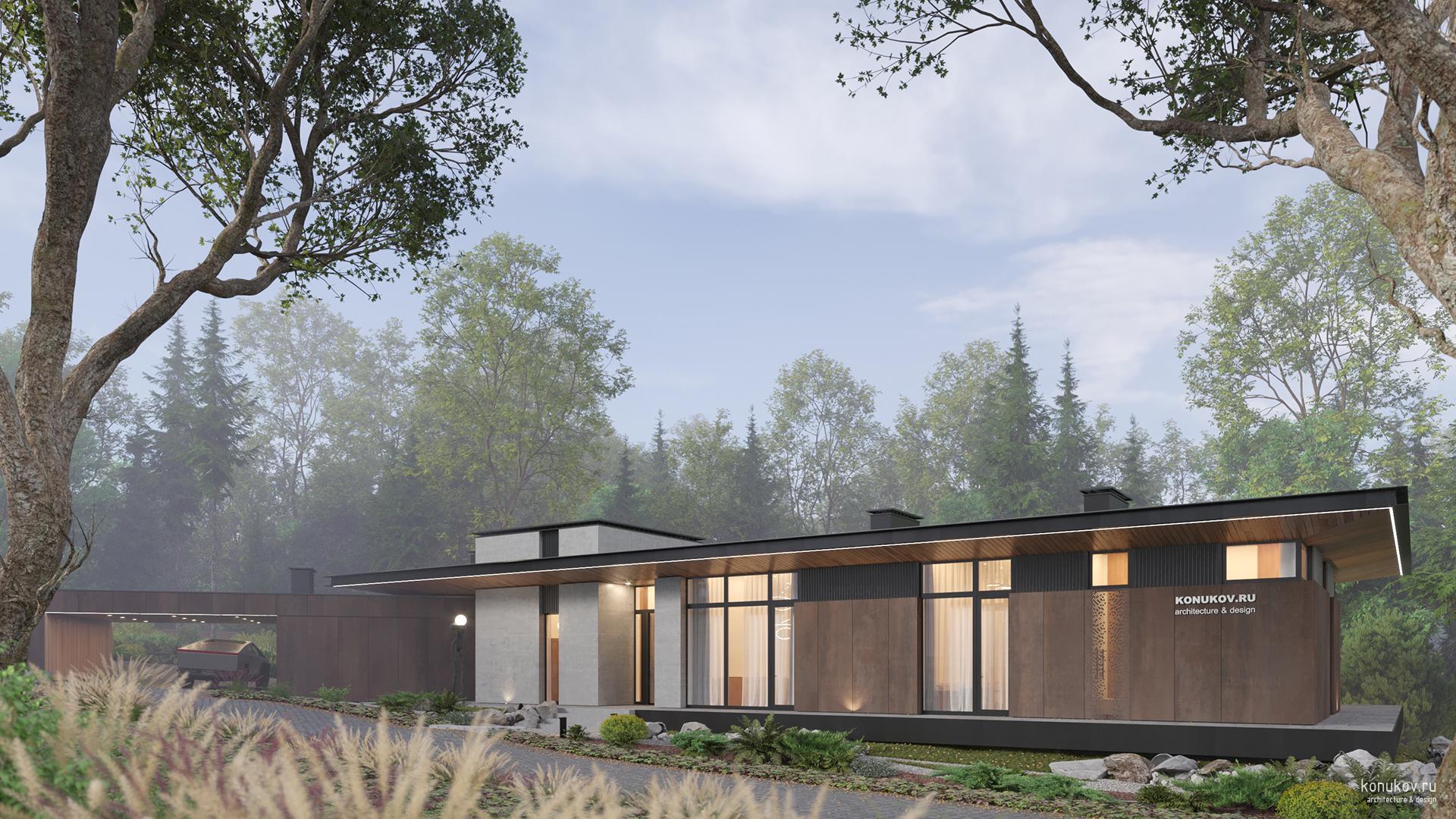 Одноэтажный дом на сложном участке с большим перепадом рельефа