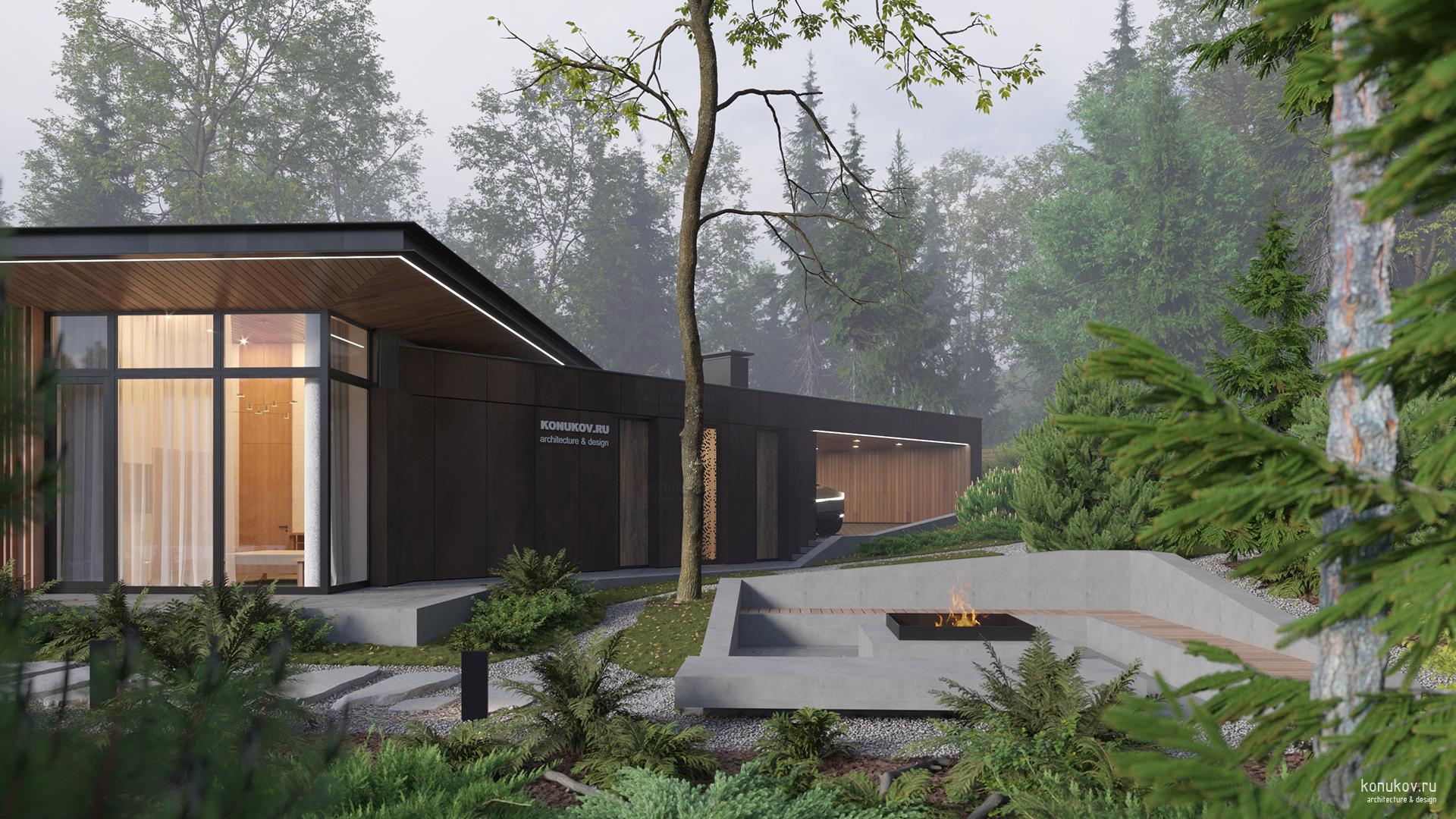 Одноэтажный дом на сложном участке с большим перепадом рельефа