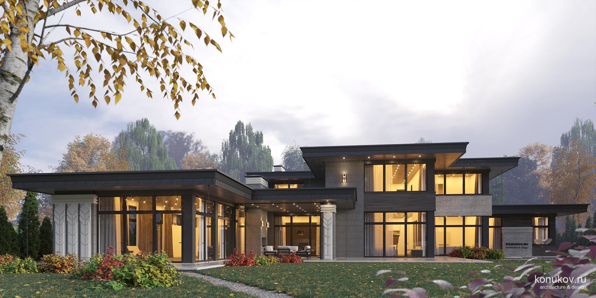 Дом с гаражом и бассейном с плоской кровлей