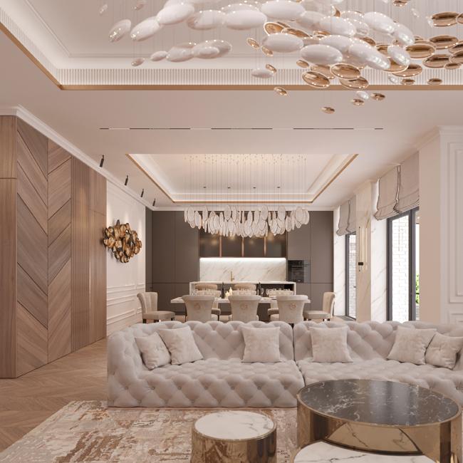 Общий блок гостиной, кухни и холла