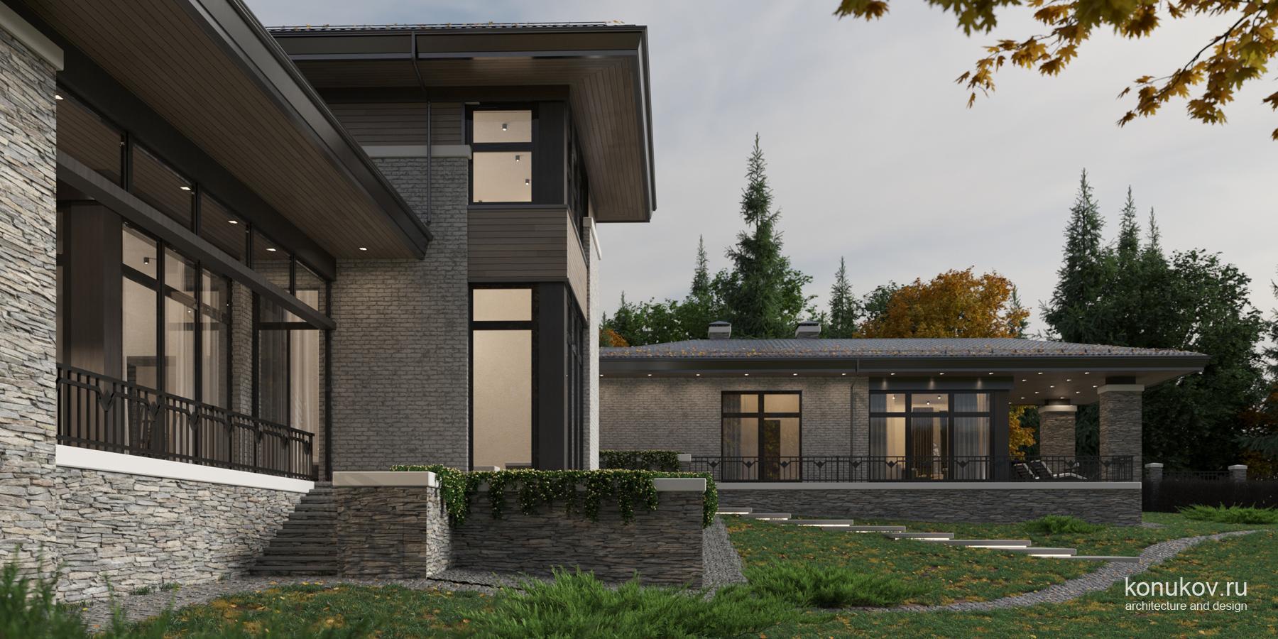 Дом с баней и гаражом на участке с уклоном