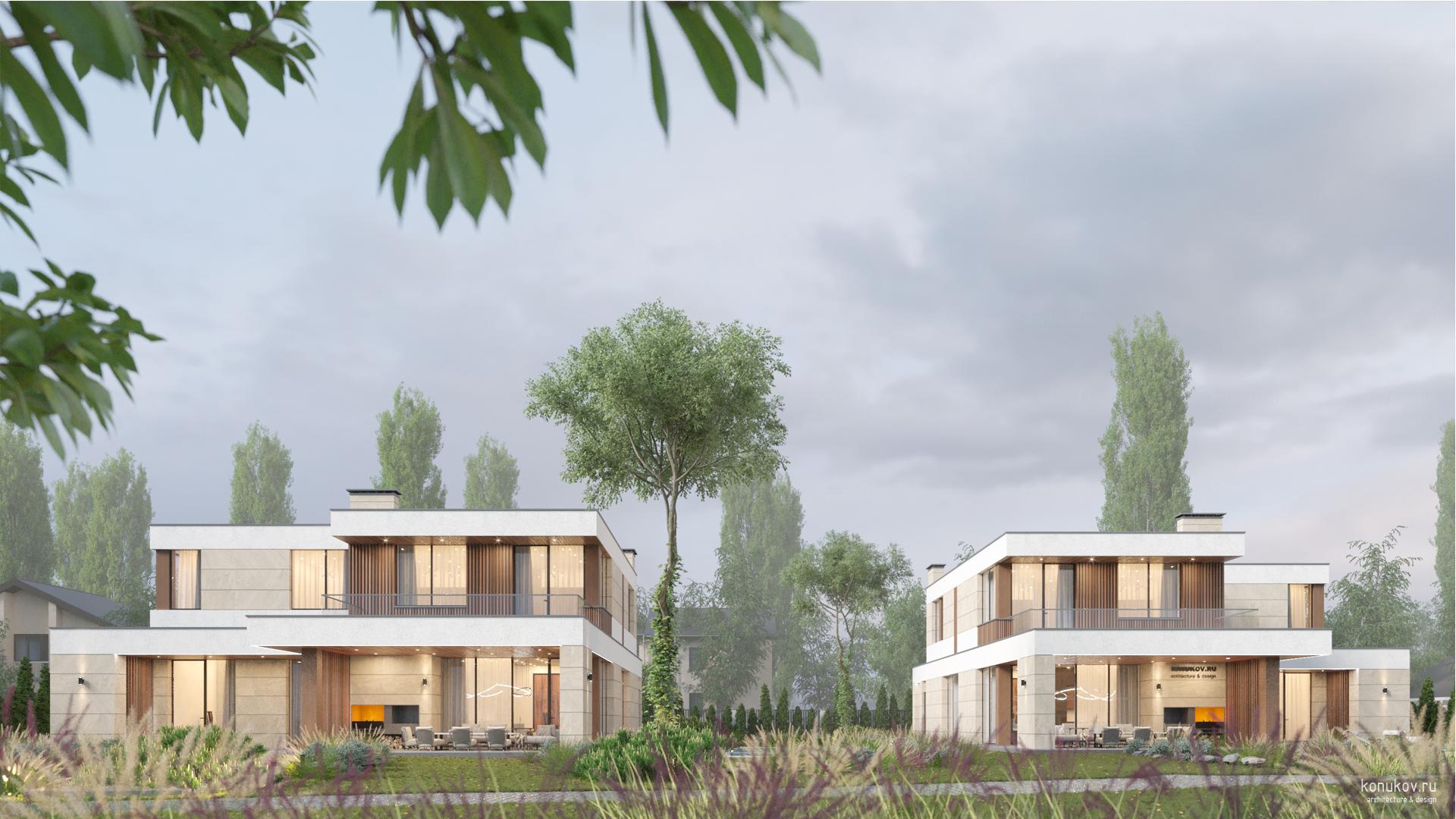 Два дома в современном стиле с двумя бассейнами