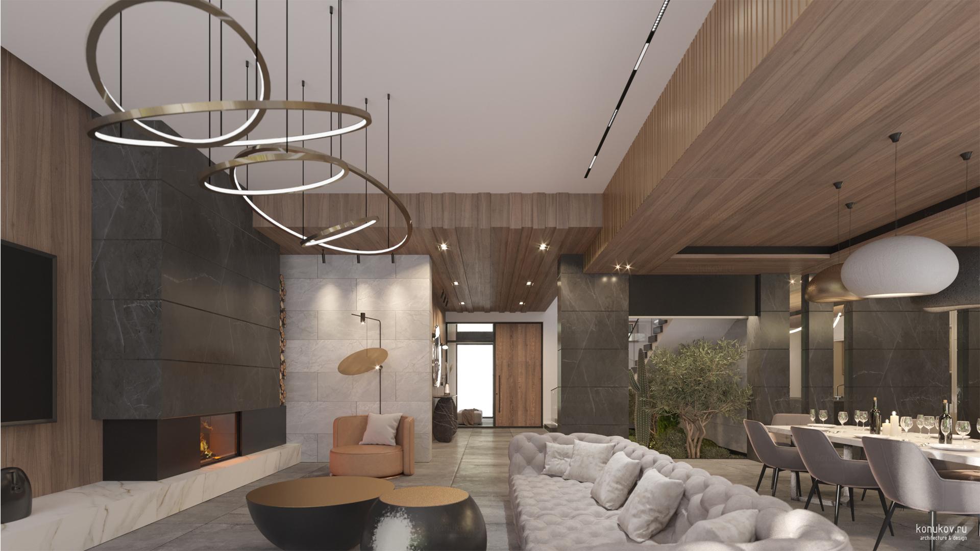 Гостиная. Вид от окна в строну холла и лестницы