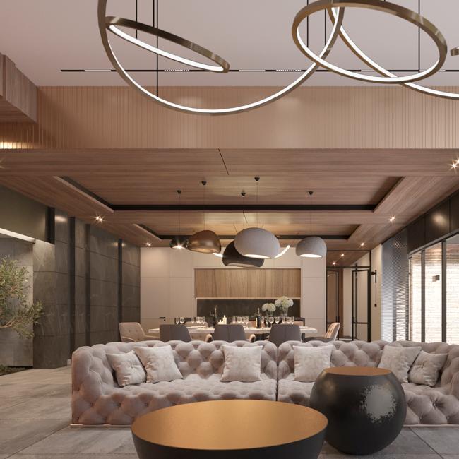 Общий блок гостиной, кухни и холла